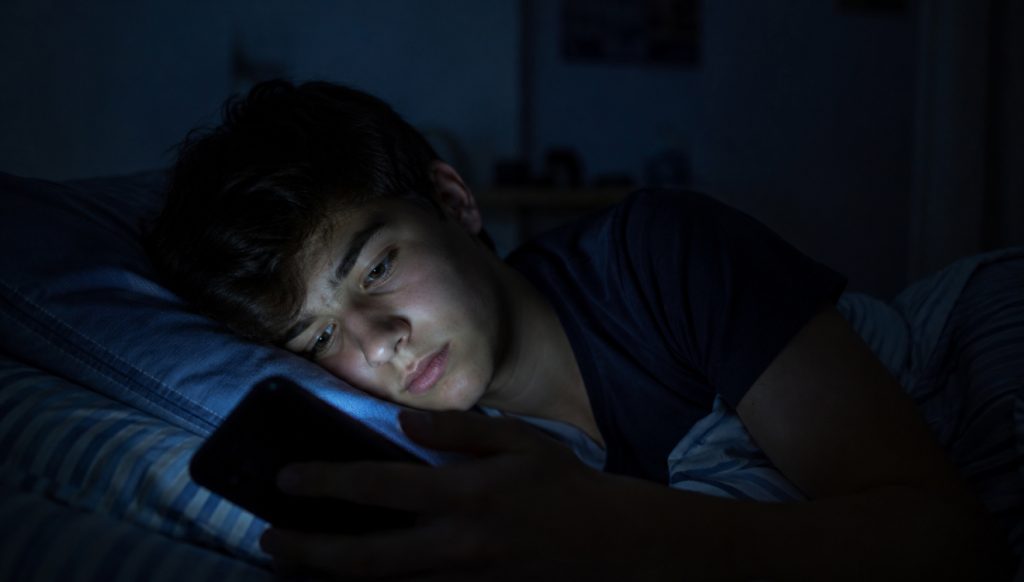 Adolescente conectado a su celular hasta altas horas de la noche, mostrando dependencia.